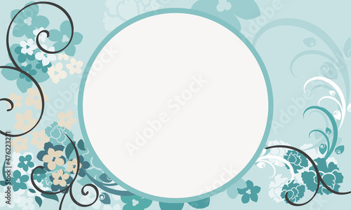 floral blue background with white circle in the middle