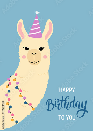 Happy birthday greeting card with cute llama head. Funny alpaca with birthday hat and lights. Template for nursery design, poster, birthday card, invitation, baby shower and party decor