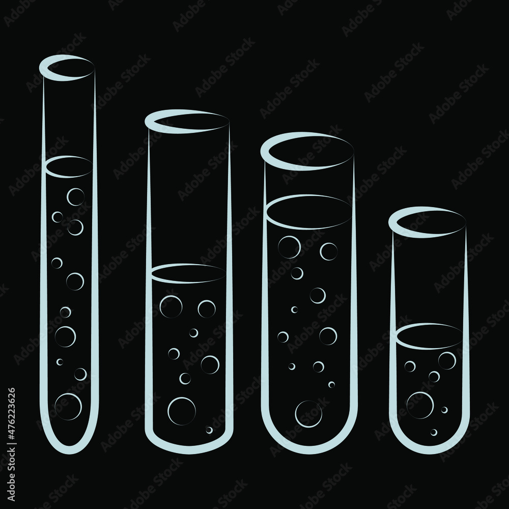 Chemical test tubes vector icons set minimalist simple illustrations. Experiment chemical flasks for science isolated on black background. Chemical test tubes vector icons set minimalist simple illustrations. Experiment chemical flasks for science isolated on black background.