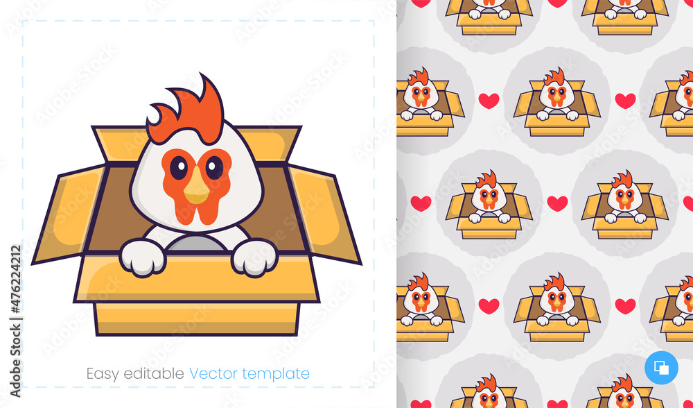 Fototapeta premium Seamless pattern with cartoon chicken on white background. Can be used on packaging paper, cloth and others.