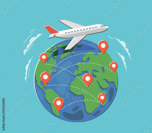 Plane flying. Earth and Pins. Travel, journey flat design vector illustration