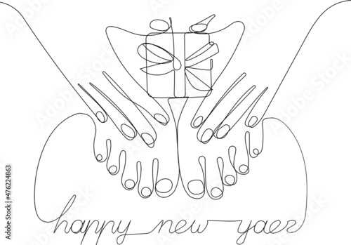 Continuous one line drawing of female legs and hans with gift on white background christmas sale concept. Vector illustration