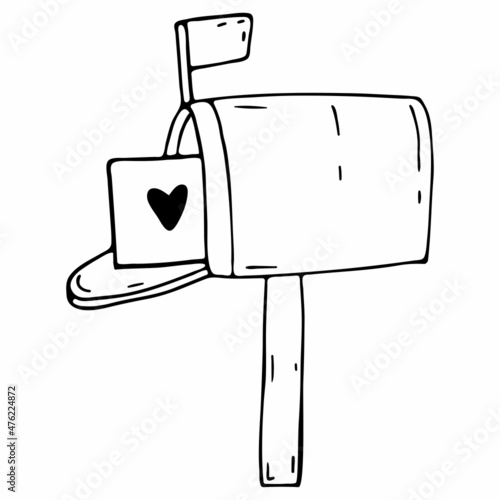 Mailbox. Vector doodle illustration of a mailbox with a love letter. Valentine's Day Icon.