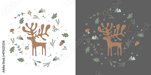 Nordic style forest for kids. Print deer in circle shape. White and black background. Winter art for children's room . Woodland creatures.