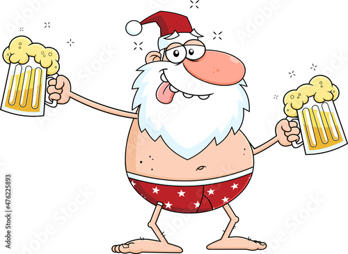Drunk Santa Claus Cartoon Character With Two Mugs Of Beer. Vector Hand Drawn Illustration Isolated On Transparent Background