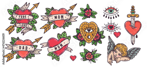 old school tattoo illustration vector set. hand drawn valentine heart illustrations, angel, pierced heart, mom heart tattoo, dad heart tattoo, amor, love  traditional tattoo style