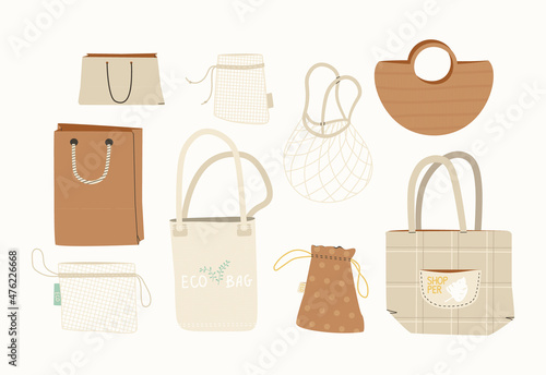 Big set of cute reusable shopping bags. Pouch for fruits and vegetables. Eco-friendly shopping bag. No plastic and zero waste concept. Vector isolated trendy illustrations.