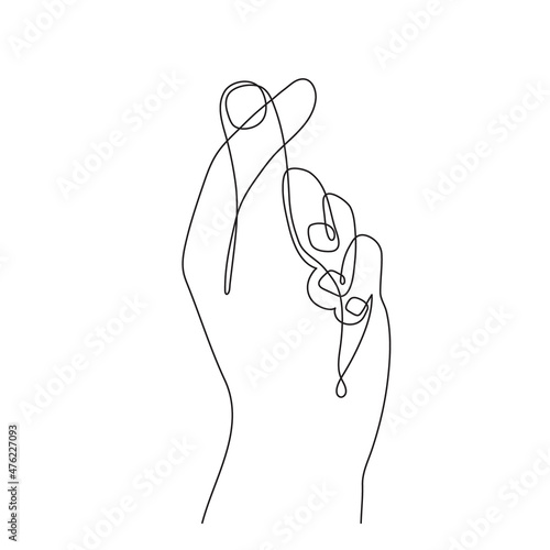 Hand gesture, one line art, continuous contour drawing, hand-drawn. flick fingers, snap sign. Symbol image of heart, emblem of love. Palm and wrist, sign translation. Editable stroke.Isolated.Vector