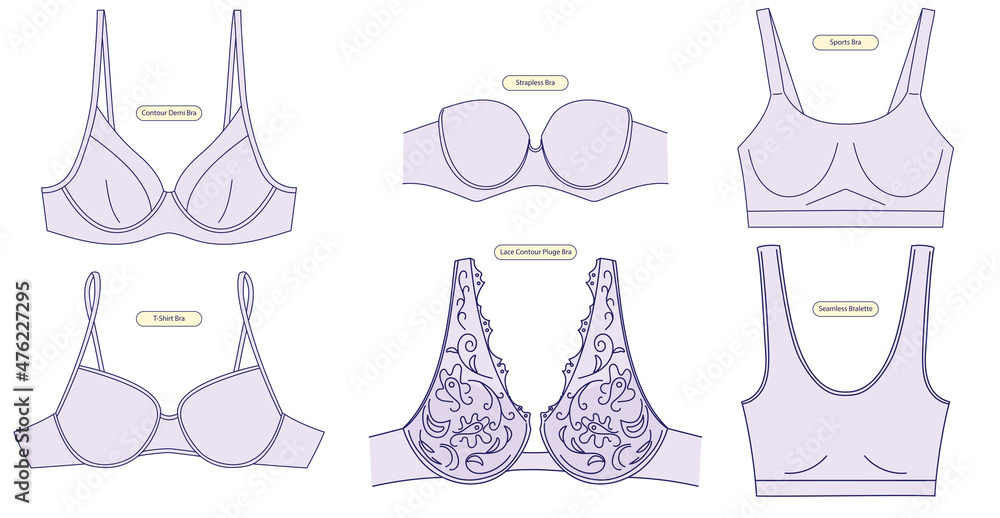 Vetor do Stock: Set of lingerie - female underwear. Women's brassiere:  classic, lace, t-shirt bra, sports bra, plunge. Blue outline icons on white  background. Line art illustration for lingerie departments, vector