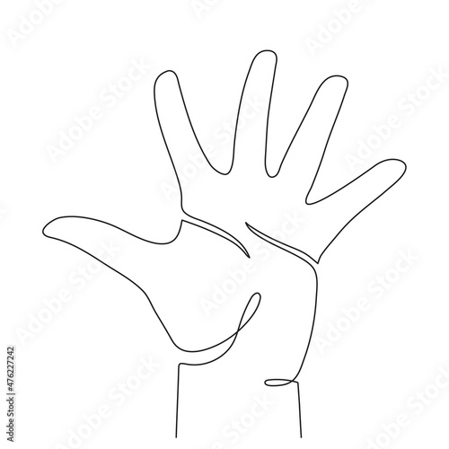 Hand gesture, one line art, continuous contour drawing, hand-drawn. Five fingers, sign of greeting and peace. Palm with lifelines. Editable stroke.Isolated.Vector illustration