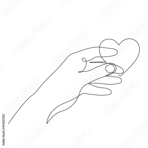 Hand with heart, one line art, continuous contour drawing, hand-drawn gesture, symbol of romantic love. Decoration for St. Valentine's Day, palm and wrist. Editable stroke.Isolated.Vector illustration