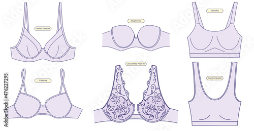 Set of lingerie - female underwear. Women's brassiere: classic, lace, t-shirt bra, sports bra, plunge. Blue outline icons on white background. Line art illustration for lingerie departments, vector