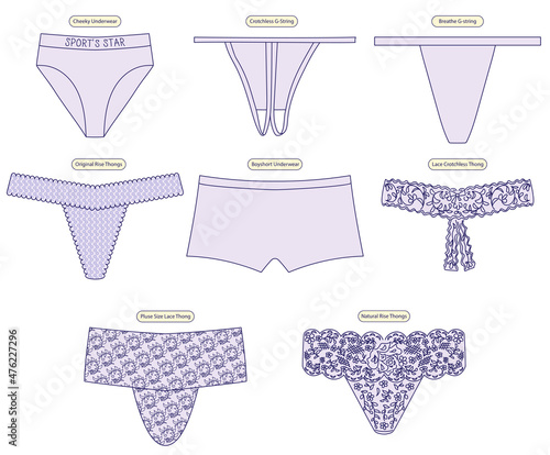 Set of lingerie - female underwear. Women's panties of different size and style: boyshort, breathe, g-string, crotchless thong. Blue outline icons on white background. Line art illustration, vector