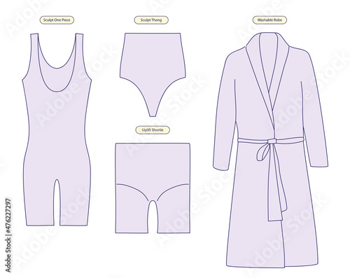 Set female shapewear. Women's underwear for sculpting, tightening body. Sheer lift shortie and bathrobe. Blue outline icons on white background. Line art illustration for lingerie departments, vector