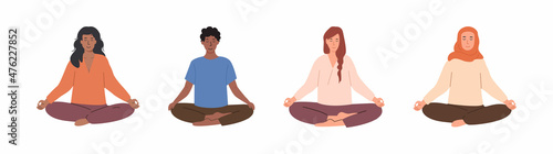 Set of diverse female and male people meditating and doing yoga breathing exercise. Woman and man practicing meditation. Vector illustration characters isolated on white background.