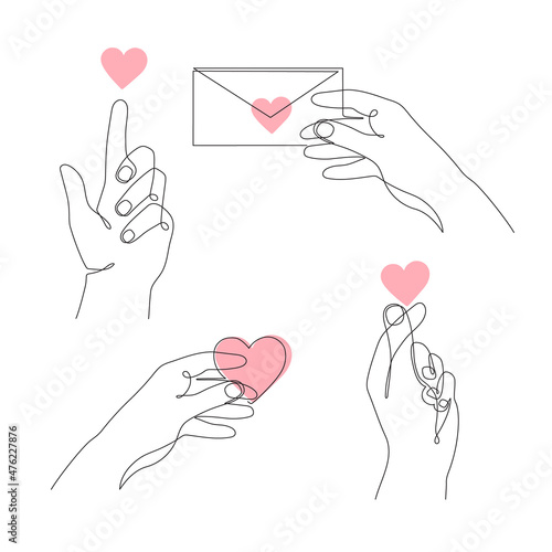 Hands with heart, one line art, continuous contour drawing, hand-drawn gesture, symbol of romantic love. Decoration for St. Valentine's Day,palm and wrist. Editable stroke.Isolated.Vector illustration
