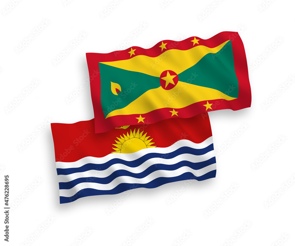 National vector fabric wave flags of Grenada and Republic of Kiribati isolated on white background. 1 to 2 proportion.