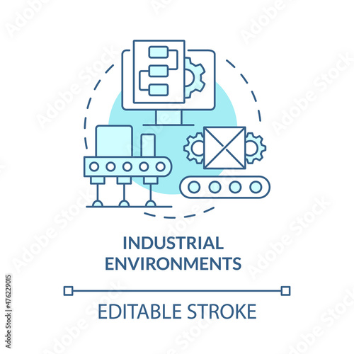 Industrial environments turquoise concept icon. Optimizing maintenance abstract idea thin line illustration. Isolated outline drawing. Editable stroke. Roboto-Medium, Myriad Pro-Bold fonts used
