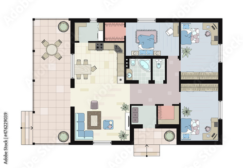 Interior design colored floor plan top view. Architectural plan of a house with furniture. Vector Layout from above of the apartment. Graphic design elements. Vector interior house, blueprint