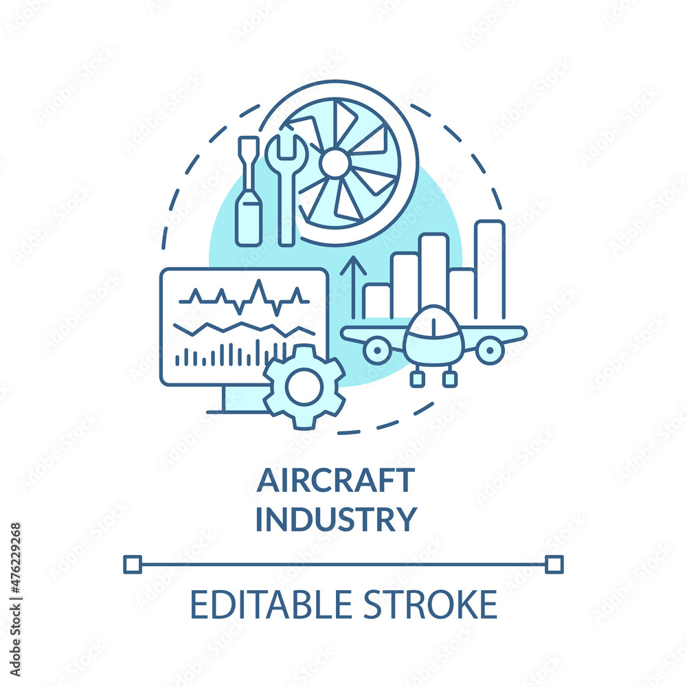 Aircraft industry turquoise concept icon. Digital replica creation abstract idea thin line illustration. Isolated outline drawing. Editable stroke. Roboto-Medium, Myriad Pro-Bold fonts used