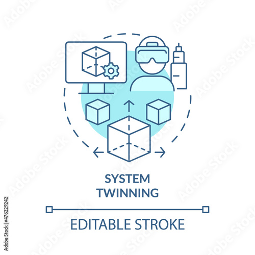 System twinning turquoise concept icon. Real-time virtual counterpart abstract idea thin line illustration. Isolated outline drawing. Editable stroke. Roboto-Medium, Myriad Pro-Bold fonts used