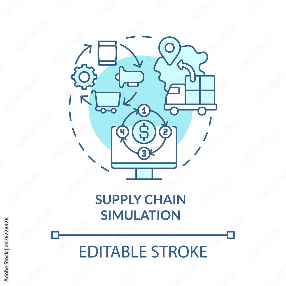 Supply chain simulation turquoise concept icon. Improving business outcomes abstract idea thin line illustration. Isolated outline drawing. Editable stroke. Roboto-Medium, Myriad Pro-Bold fonts used Supply chain simulation turquoise concept icon. Improving business outcomes abstract idea thin line illustration. Isolated outline drawing. Editable stroke. Roboto-Medium, Myriad Pro-Bold fonts used