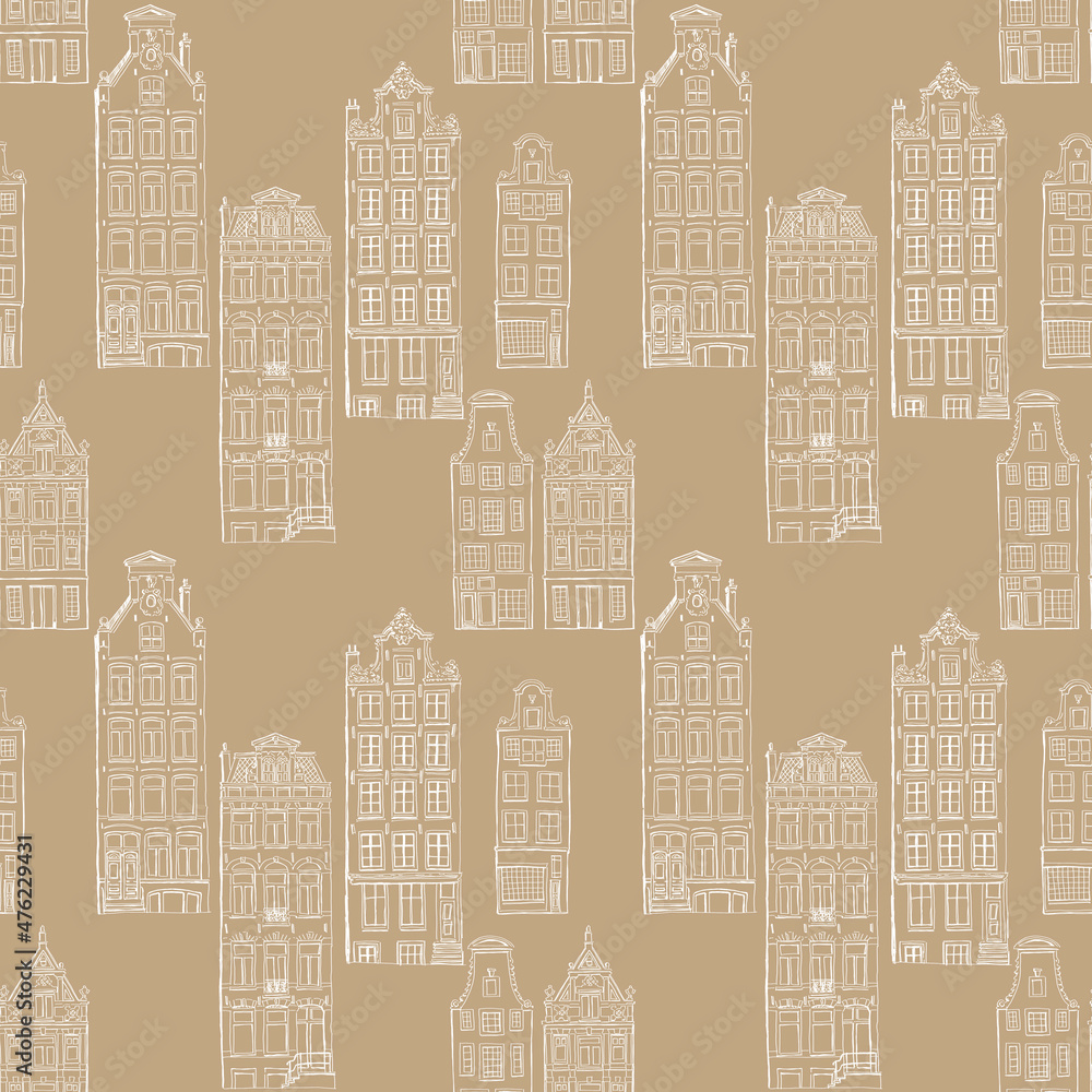 Seamless pattern of gingerbread houses in Amsterdam drawn in a graphic editor on a iced coffee background. For poster, stickers, sketchbook cover, print, your design.