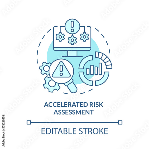 Accelerated risk assessment turquoise concept icon. Reducing investment risk abstract idea thin line illustration. Isolated outline drawing. Editable stroke. Roboto-Medium, Myriad Pro-Bold fonts used