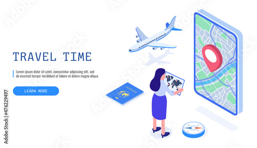 Time to travel concept. Woman stands with tourist map. Isometric vector web banner.