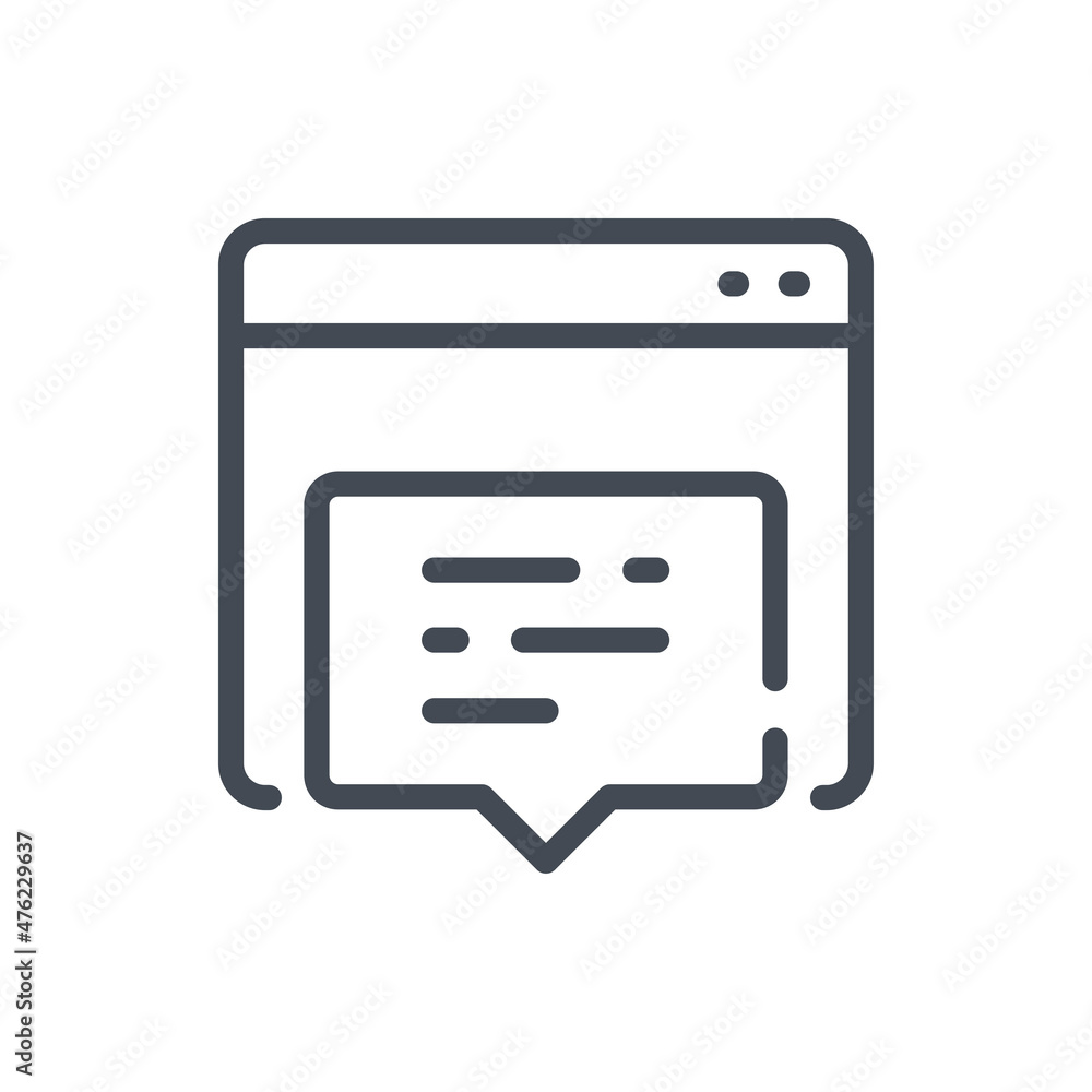 Website message notification line icon. Web page with pop up chat box vector outline sign. Website message notification line icon. Web page with pop up chat box vector outline sign.