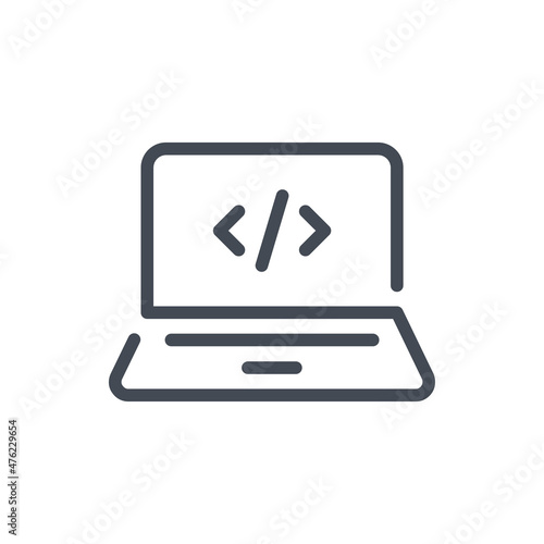 Programming and coding line icon. Laptop with code symbol vector outline sign.