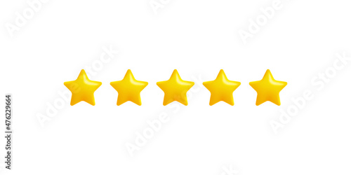 3d render stars isolated on white background. 3D cartoon icon of five star for mobile app and web design. Concept of rating from customer and feedback. Vector illustration.