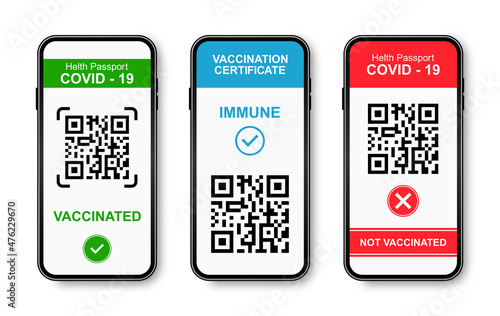 Vaccine passport or COVID-19 certificate in smartphone. Health passport and certificate of vaccine, confirmation of immunity from coronavirus with qr code for control of safety in phone app. Vector