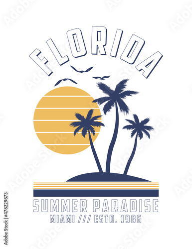 Florida, Miami t-shirt design with palm trees, sun and gull birds. Typography graphics for tee shirt with tropical palms. Apparel print with slogan. Vector illustration.