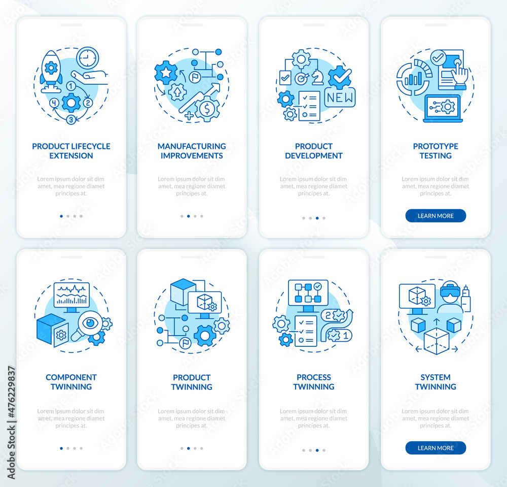 Digital twin technology blue onboarding mobile app screen set. Twinning walkthrough 4 steps graphic instructions pages with linear concepts. UI, UX, GUI template. Myriad Pro-Bold, Regular fonts used
