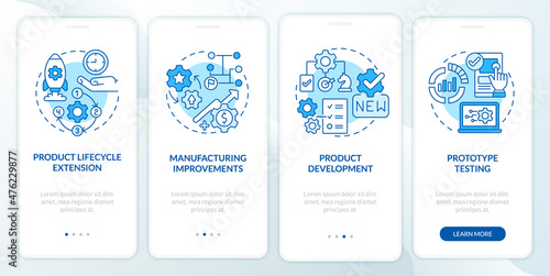 Digital twin tasks blue onboarding mobile app screen. Prototype testing walkthrough 4 steps graphic instructions pages with linear concepts. UI, UX, GUI template. Myriad Pro-Bold, Regular fonts used