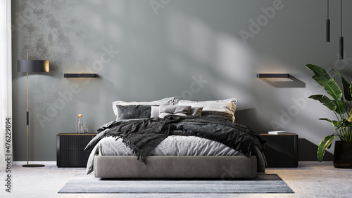 modern bedroom interior in gray tones, bedroom mock up, 3d rendering photo
