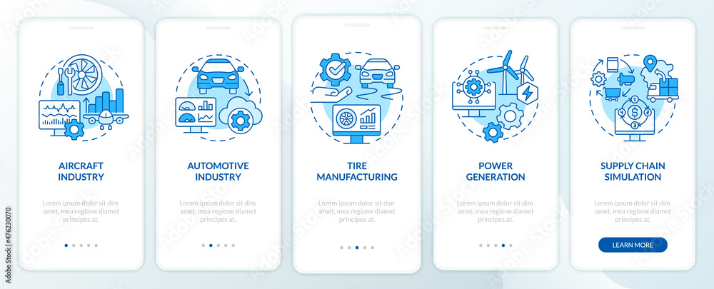 Digital twin usage blue onboarding mobile app screen. Power generation walkthrough 5 steps graphic instructions pages with linear concepts. UI, UX, GUI template. Myriad Pro-Bold, Regular fonts used