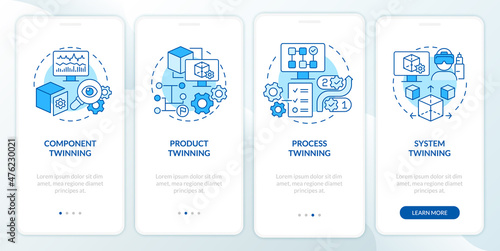 Twinning levels blue onboarding mobile app screen. Component and process walkthrough 4 steps graphic instructions pages with linear concepts. UI, UX, GUI template. Myriad Pro-Bold, Regular fonts used