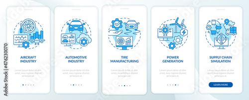 Digital twin usage blue onboarding mobile app screen. Power generation walkthrough 5 steps graphic instructions pages with linear concepts. UI, UX, GUI template. Myriad Pro-Bold, Regular fonts used