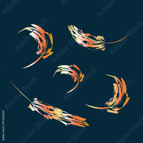 set of stylized gold feathers on a blue background. vector illustration