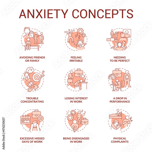 Anxiety terracotta concept icons set. Emotional reaction on stress. Mental health problem idea thin line color illustrations. Isolated outline drawings. Roboto-Medium, Myriad Pro-Bold fonts used