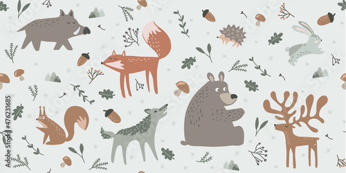 Set animals in the forest. Bear, deer, fox, hare, wolf, squirrel, boar and hedgehog. Nordic style forest for kids. Cute art for kids. Woodland creatures. © Alisa