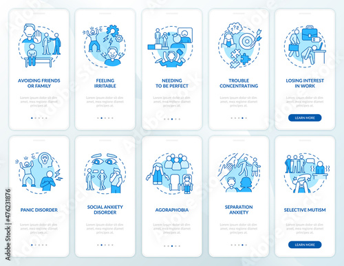 Anxiety disorder blue onboarding mobile app screen set. Healthcare walkthrough 5 steps graphic instructions pages with linear concepts. UI, UX, GUI template. Myriad Pro-Bold, Regular fonts used