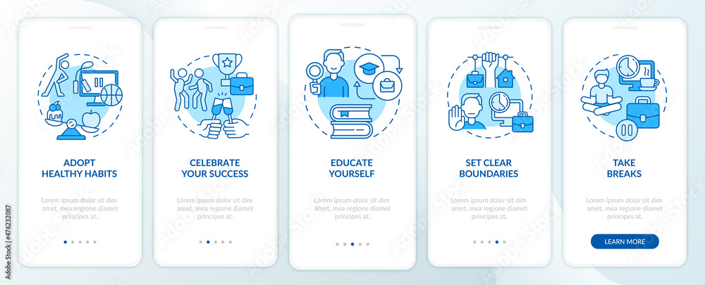 Dealing with anxiety at work blue onboarding mobile app screen. Lifestyle walkthrough 5 steps graphic instructions pages with linear concepts. UI, UX, GUI template. Myriad Pro-Bold, Regular fonts used