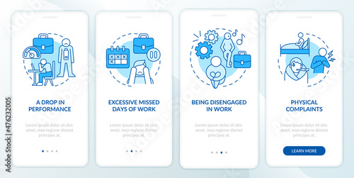 Workplace anxiety reasons blue onboarding mobile app screen. Disorder walkthrough 4 steps graphic instructions pages with linear concepts. UI, UX, GUI template. Myriad Pro-Bold, Regular fonts used