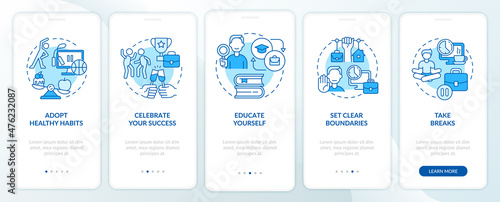 Dealing with anxiety at work blue onboarding mobile app screen. Lifestyle walkthrough 5 steps graphic instructions pages with linear concepts. UI, UX, GUI template. Myriad Pro-Bold, Regular fonts used
