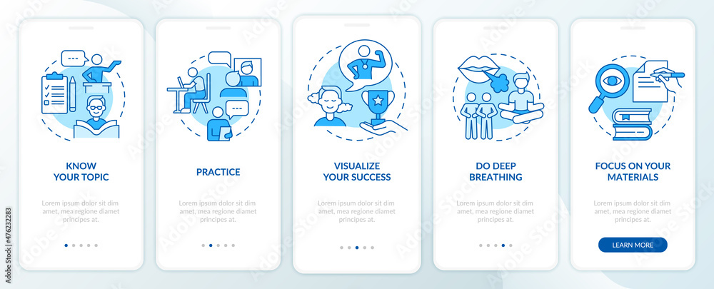 Public speaking fear overcoming blue onboarding mobile app screen. Health walkthrough 5 steps graphic instructions pages with linear concepts. UI, UX, GUI template. Myriad Pro-Bold, Regular fonts used Public speaking fear overcoming blue onboarding mobile app screen. Health walkthrough 5 steps graphic instructions pages with linear concepts. UI, UX, GUI template. Myriad Pro-Bold, Regular fonts used