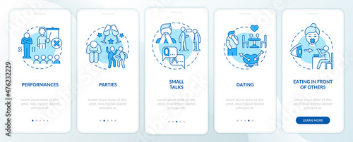 Common anxiety triggers blue onboarding mobile app screen. Disorder walkthrough 5 steps graphic instructions pages with linear concepts. UI, UX, GUI template. Myriad Pro-Bold, Regular fonts used