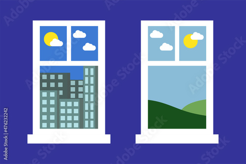Big window with beautiful scenery outside. Two windows vector illustration. Window with city view. Window with nature view.